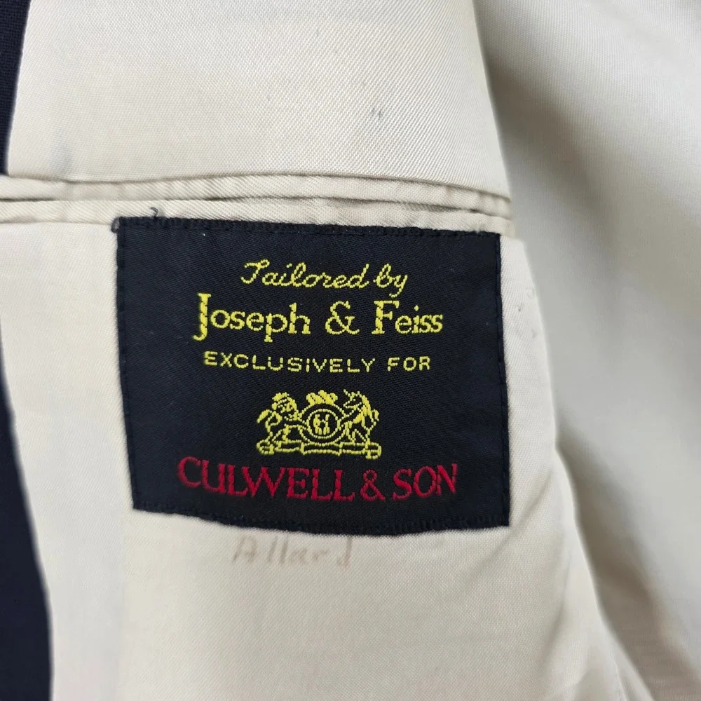 Joseph & Feiss Navy Blue Wool Blazer Gold Crest Buttons USA Made Culwell & Son